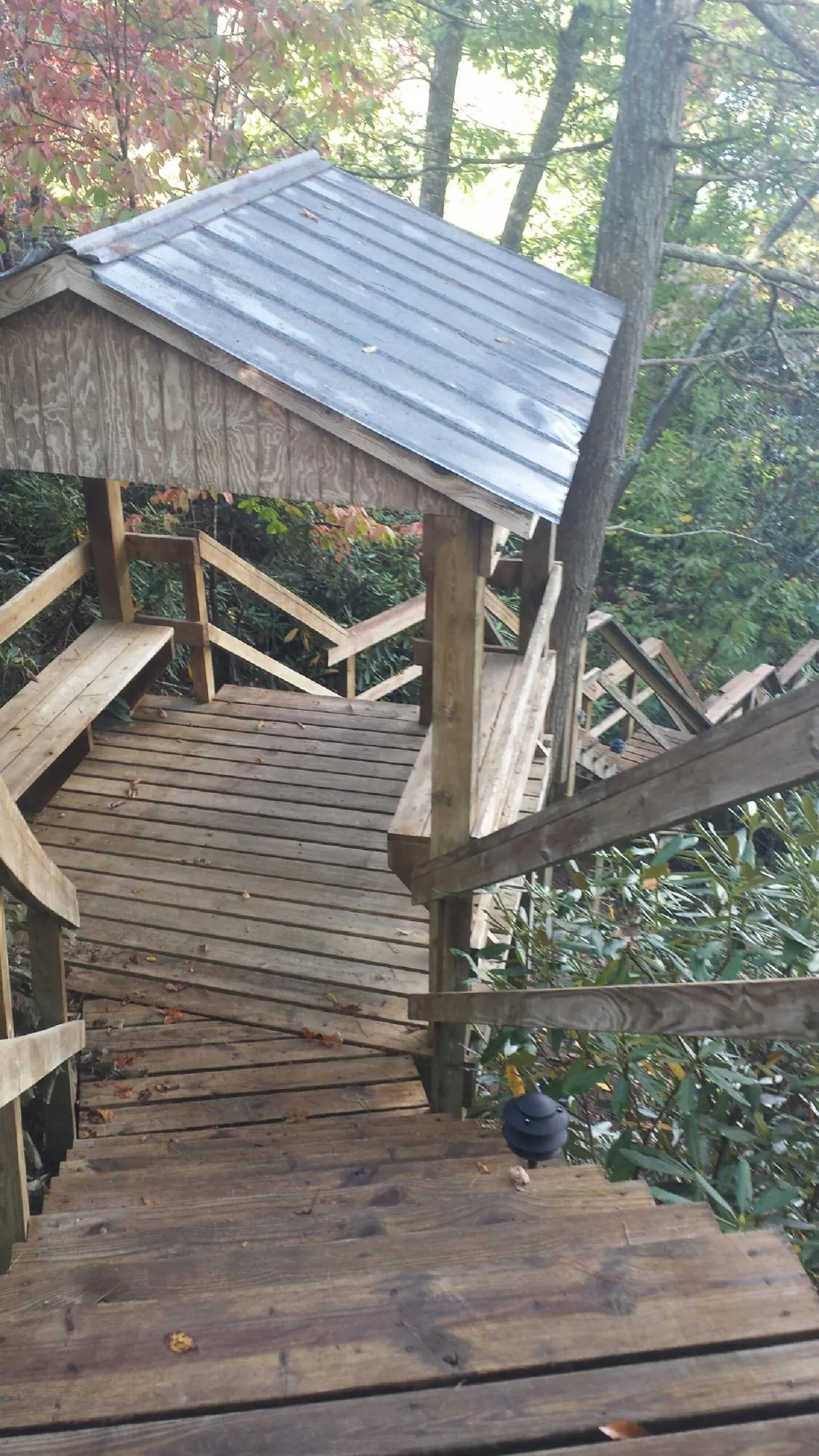 Metal roofed shelter over wooden steps on a wooded walkway — Skylight Repair & Installation work by our crew in Crewe